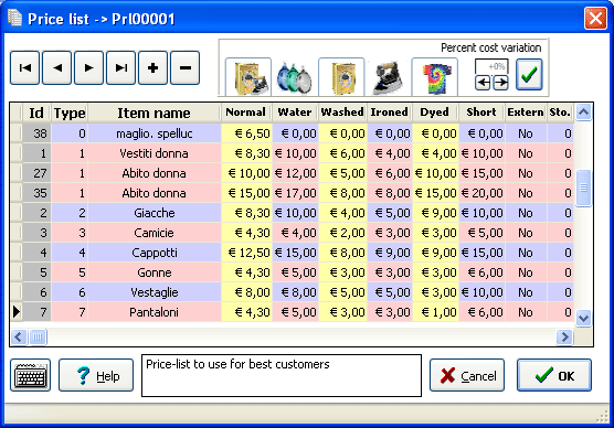 Modifica/inserimento delle tabelle prezzi